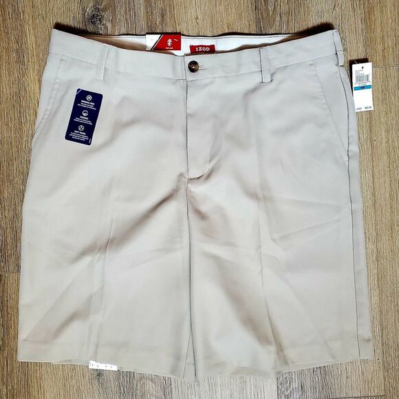 IZOD Shorts Golf 36 NEW The Driver Cool & Dry Khaki Shorts Tan Flat Front NWT - Picture 1 of 11